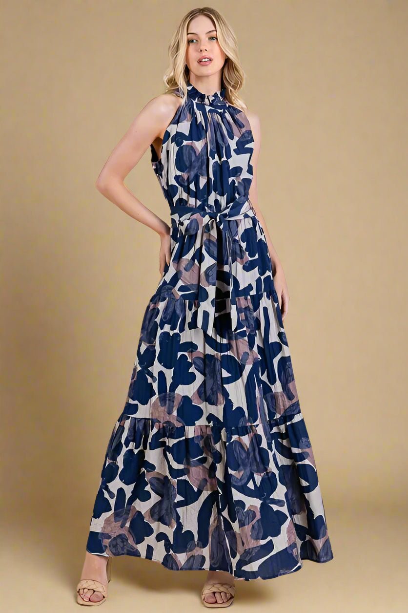 LIME N CHILI - Halter Tiered Maxi Dress in Navy Abstract Print