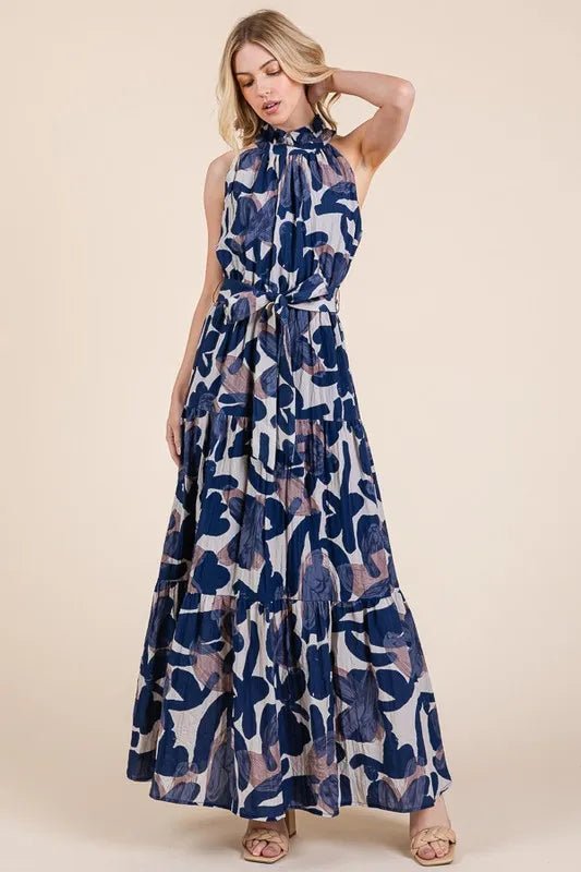LIME N CHILI - Halter Tiered Maxi Dress in Navy Abstract Print