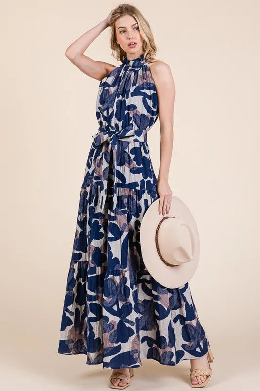 LIME N CHILI - Halter Tiered Maxi Dress in Navy Abstract Print
