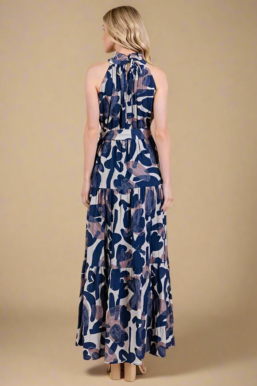 LIME N CHILI - Halter Tiered Maxi Dress in Navy Abstract Print
