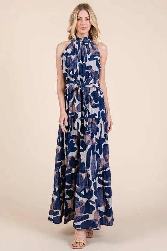 LIME N CHILI - Halter Tiered Maxi Dress in Navy Abstract Print