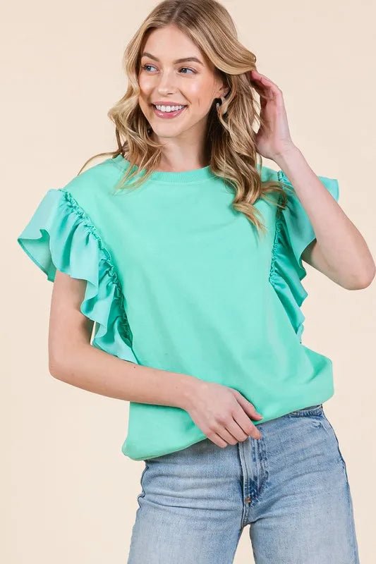 LIME N CHILI - Mint Green Ruffle Sleeve Knit Top