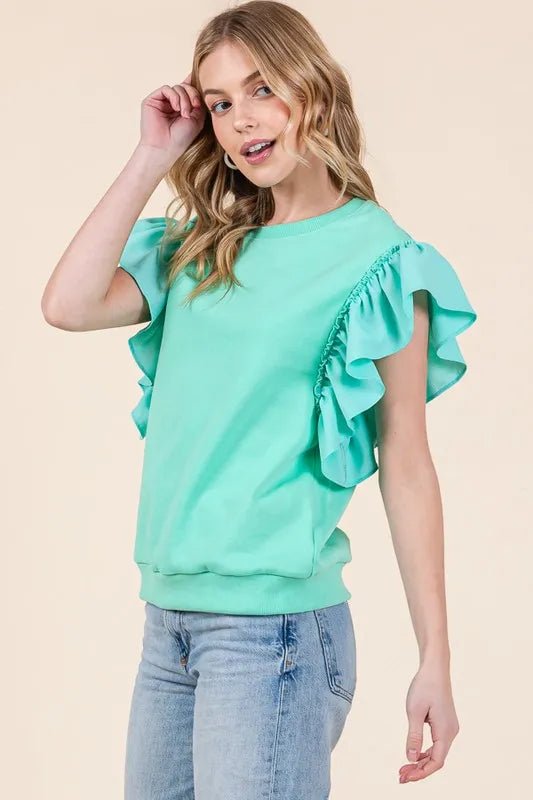 LIME N CHILI - Mint Green Ruffle Sleeve Knit Top
