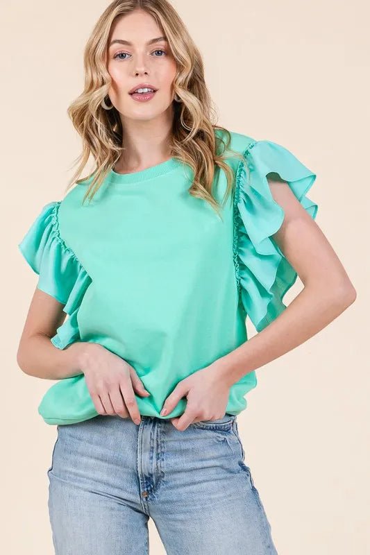 LIME N CHILI - Mint Green Ruffle Sleeve Knit Top