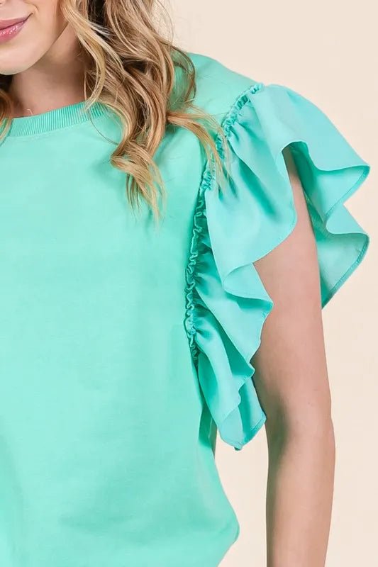 LIME N CHILI - Mint Green Ruffle Sleeve Knit Top