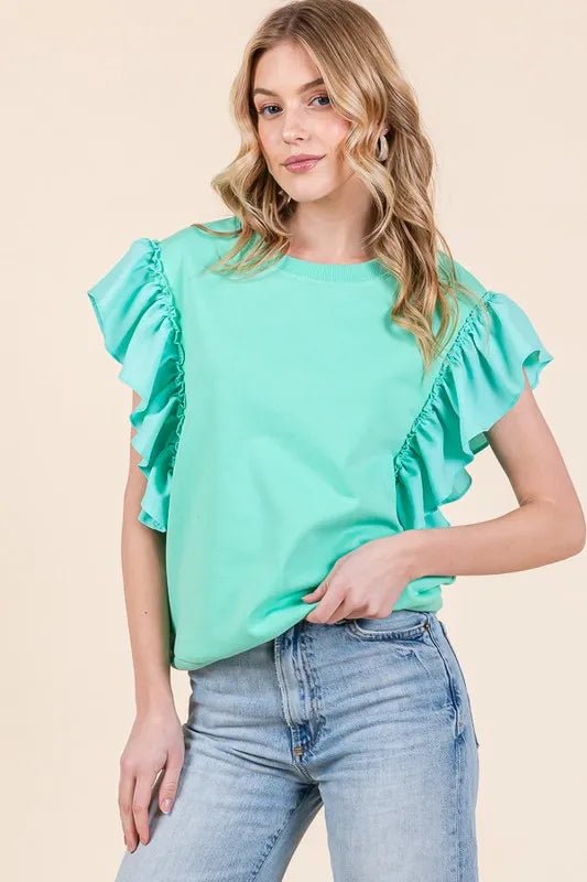 LIME N CHILI - Mint Green Ruffle Sleeve Knit Top