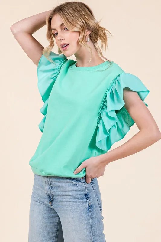 LIME N CHILI - Mint Green Ruffle Sleeve Knit Top