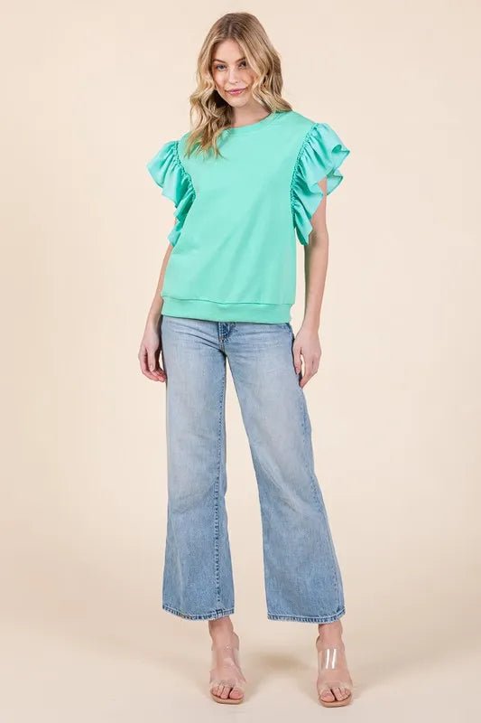 LIME N CHILI - Mint Green Ruffle Sleeve Knit Top
