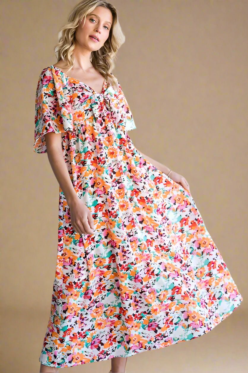 LIME N CHILI - Multicolor Painted Floral Midi Dress with Ruffle Sleeves