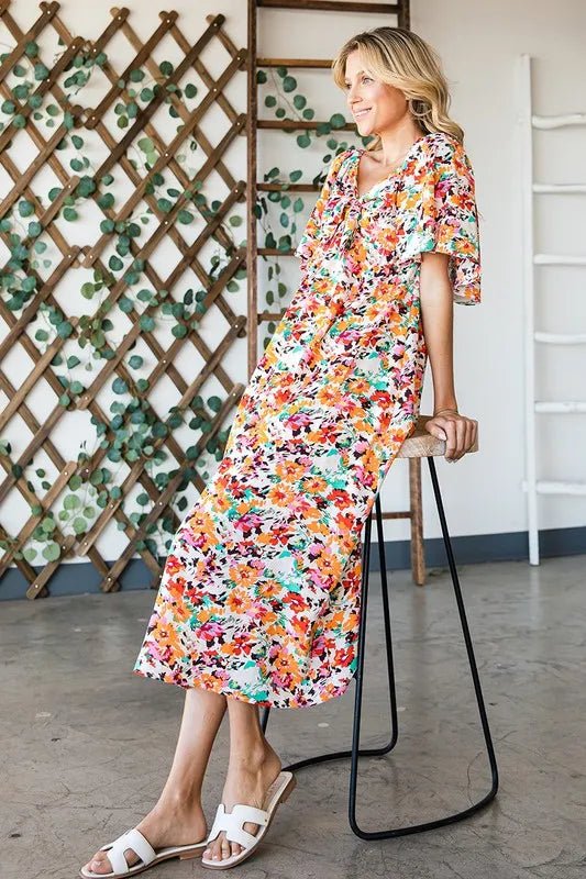 LIME N CHILI - Multicolor Painted Floral Midi Dress with Ruffle Sleeves