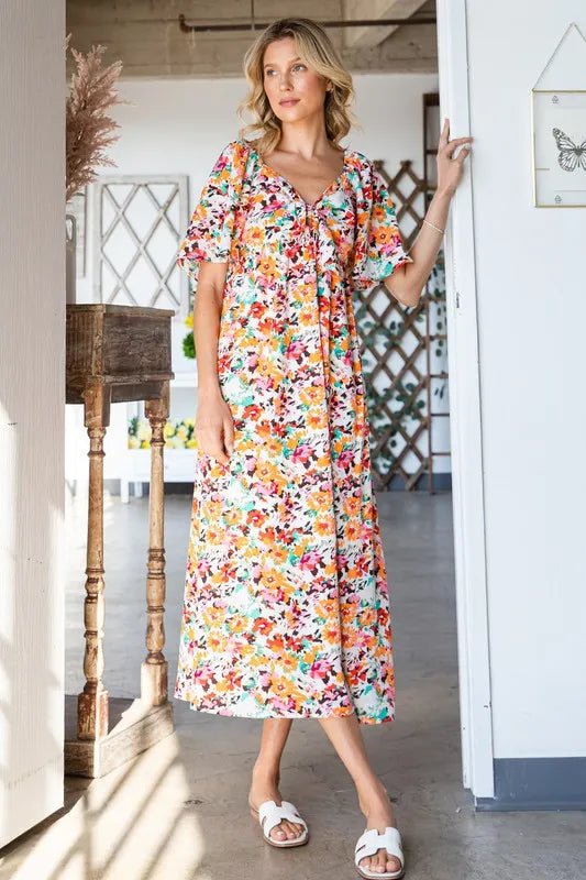LIME N CHILI - Multicolor Painted Floral Midi Dress with Ruffle Sleeves