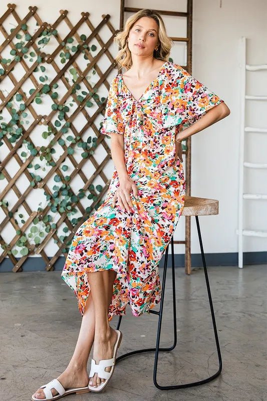 LIME N CHILI - Multicolor Painted Floral Midi Dress with Ruffle Sleeves