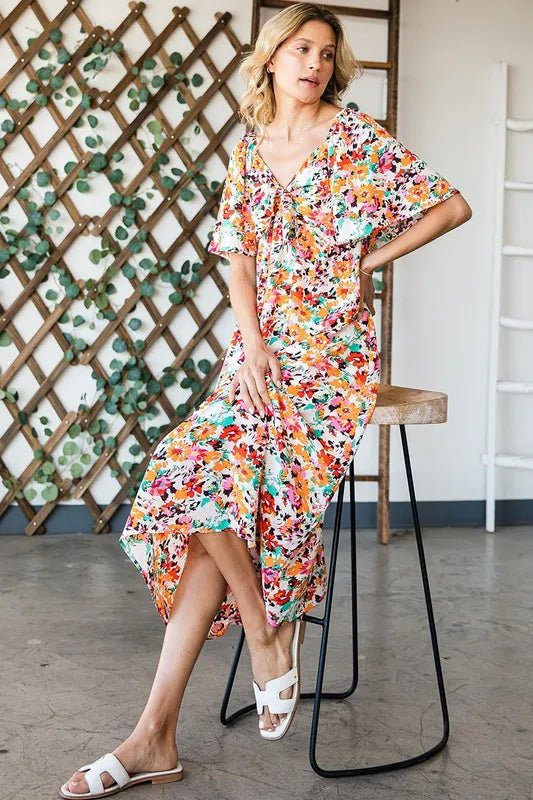 LIME N CHILI - Multicolor Painted Floral Midi Dress with Ruffle Sleeves