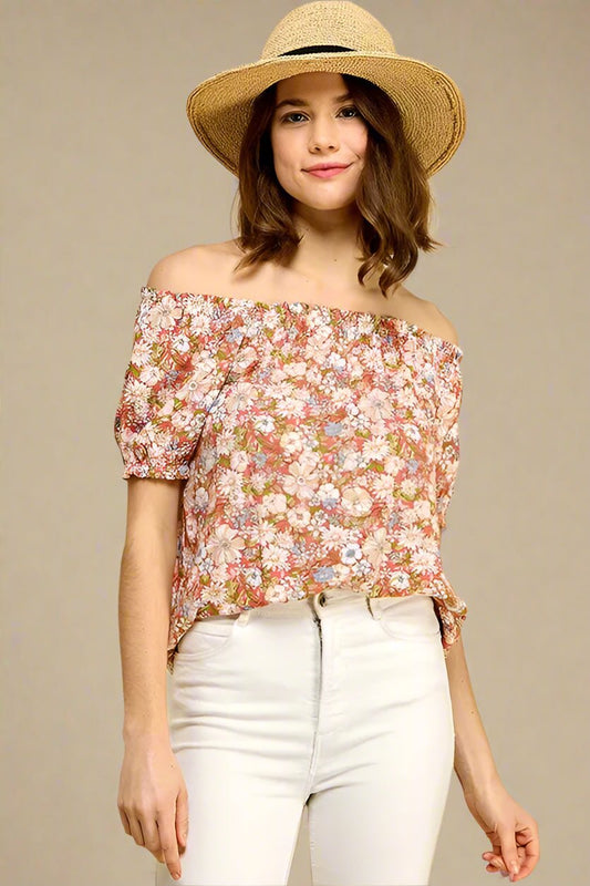 LIME N CHILI - Off Shoulder Floral Blouse in Coral Multi
