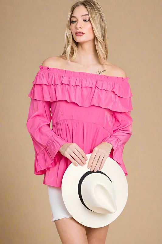 LIME N CHILI - Off Shoulder Ruffle Tiered Blouse in Bright Fuchsia