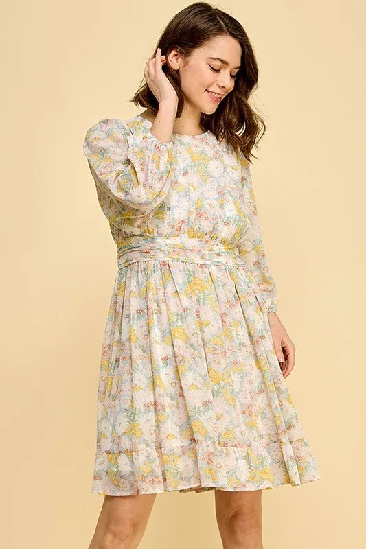 LIME N CHILI Pastel Floral Long Sleeve Belted Mini Dress in Yellow Multi Beach Rose Co. LIME N CHILI Pastel Floral Long Sleeve Belted Mini Dress in Yellow Multi Beach Rose Co.