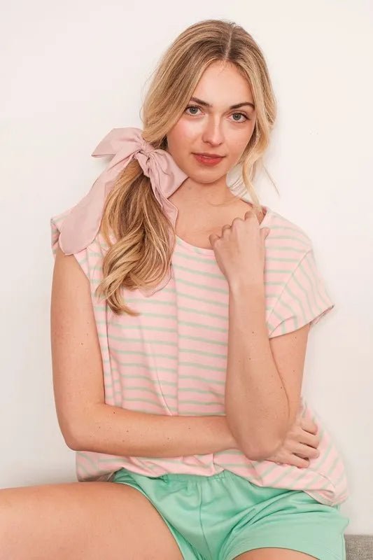 LIME N CHILI - Pink & Mint Striped Short Sleeve Knit Top