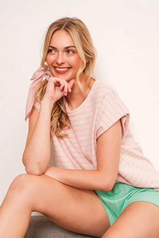 LIME N CHILI - Pink & Mint Striped Short Sleeve Knit Top