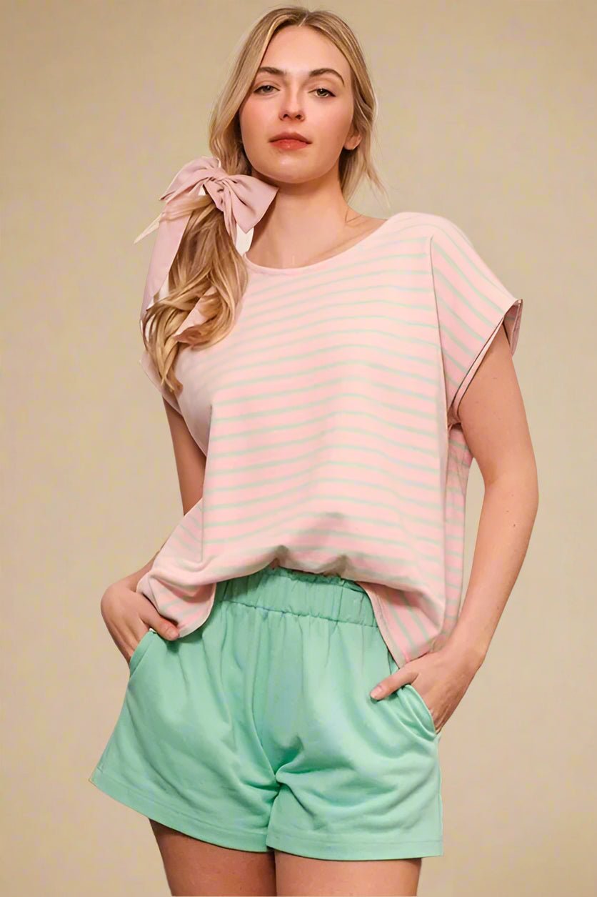 LIME N CHILI - Pink & Mint Striped Short Sleeve Knit Top