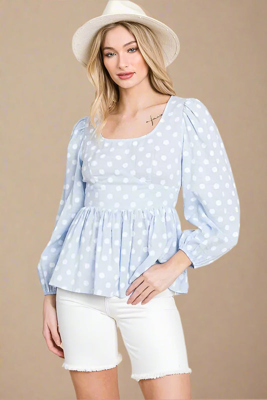 LIME N CHILI - Polka Dot Puff Sleeve Peplum Top in Soft Blue