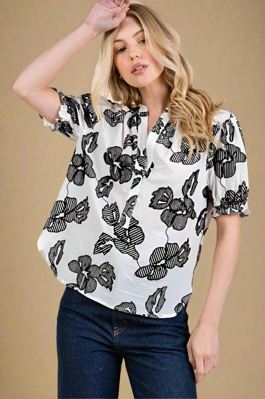 LIME N CHILI - Poppy Print Ruffle Sleeve Blouse in White and Black