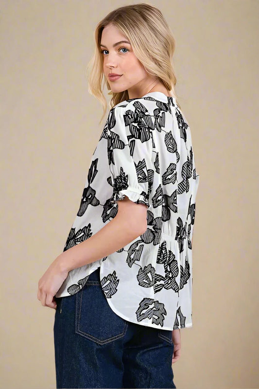 LIME N CHILI - Poppy Print Ruffle Sleeve Blouse in White and Black