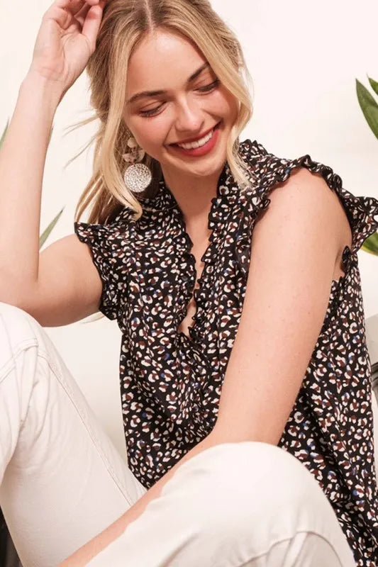 LIME N CHILI - Ruffle Sleeve Leopard Print Blouse in Black Multi