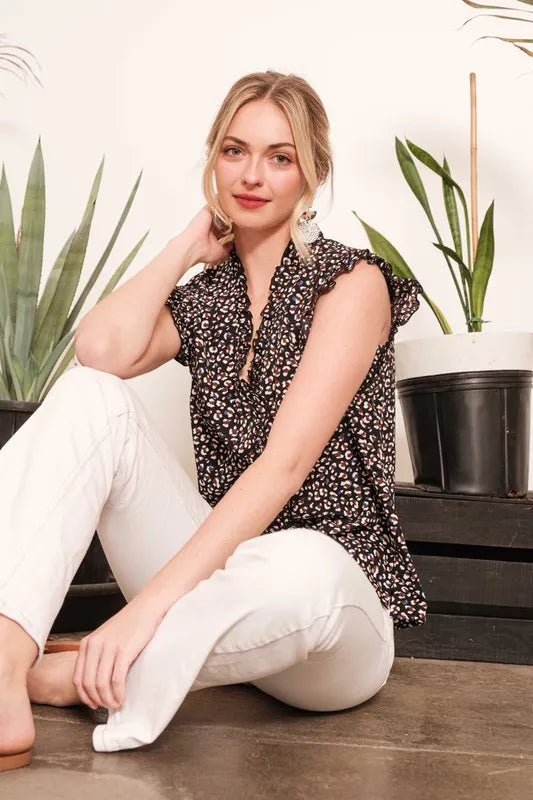 LIME N CHILI - Ruffle Sleeve Leopard Print Blouse in Black Multi