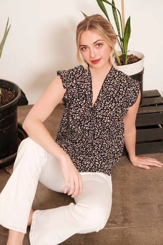 LIME N CHILI - Ruffle Sleeve Leopard Print Blouse in Black Multi