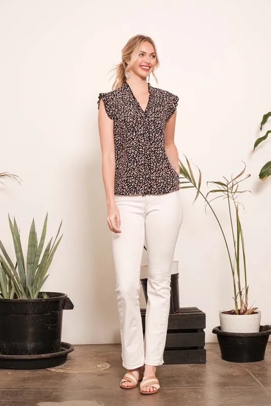 LIME N CHILI - Ruffle Sleeve Leopard Print Blouse in Black Multi