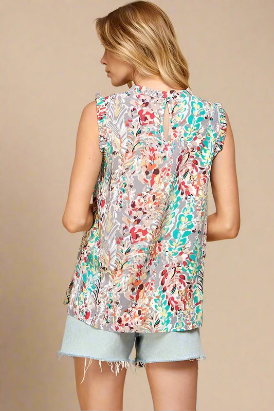 LIME N CHILI - Ruffle Sleeve Top in Tropical Leaf Print on Soft Gray