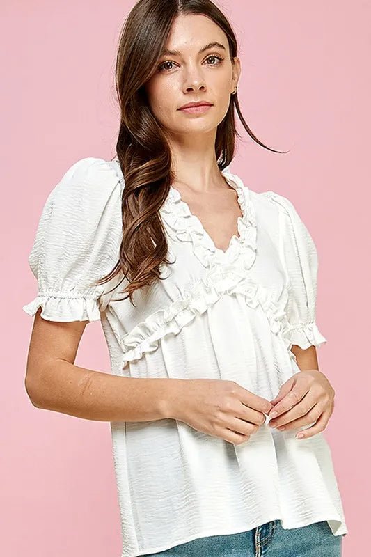 LIME N CHILI - Ruffle Trim Puff Sleeve Top in Soft Ivory
