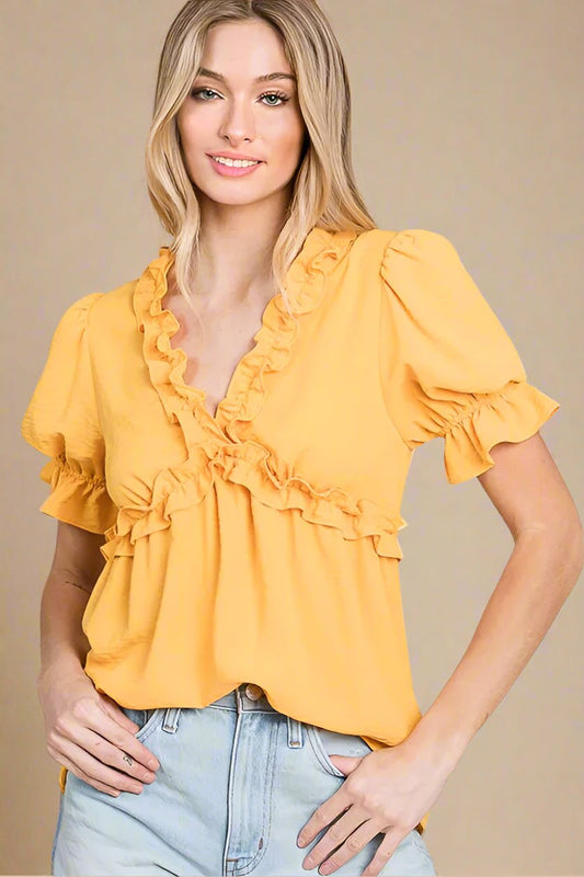 LIME N CHILI - Ruffle V - Neck Babydoll Top in Golden Marigold