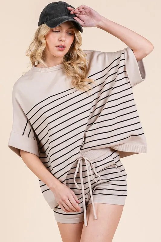LIME N CHILI - Striped Knit Lounge Set in Oatmeal & Black