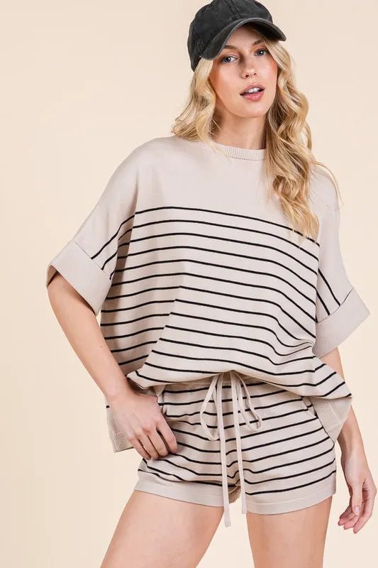 LIME N CHILI - Striped Knit Lounge Set in Oatmeal & Black