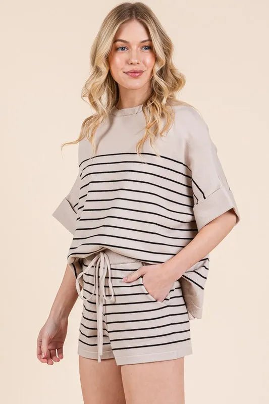 LIME N CHILI - Striped Knit Lounge Set in Oatmeal & Black