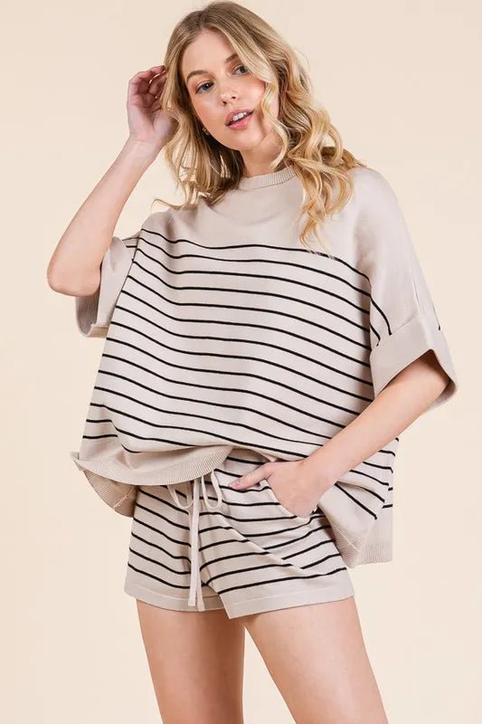 LIME N CHILI - Striped Knit Lounge Set in Oatmeal & Black