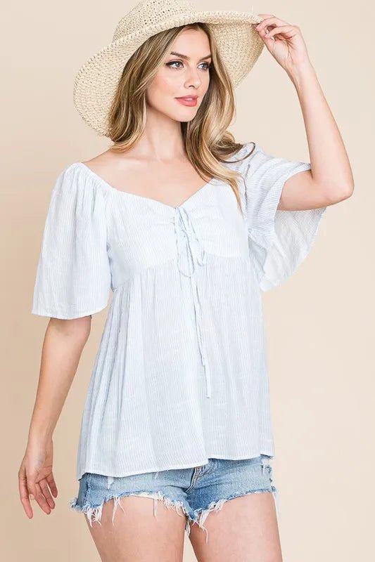 LIME N CHILI - Sweetheart Tie Front Babydoll Top in Sky Blue Stripe