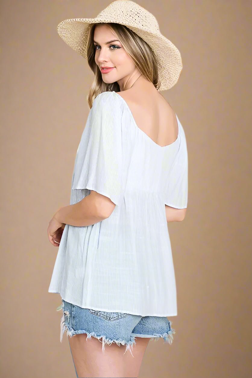 LIME N CHILI - Sweetheart Tie Front Babydoll Top in Sky Blue Stripe