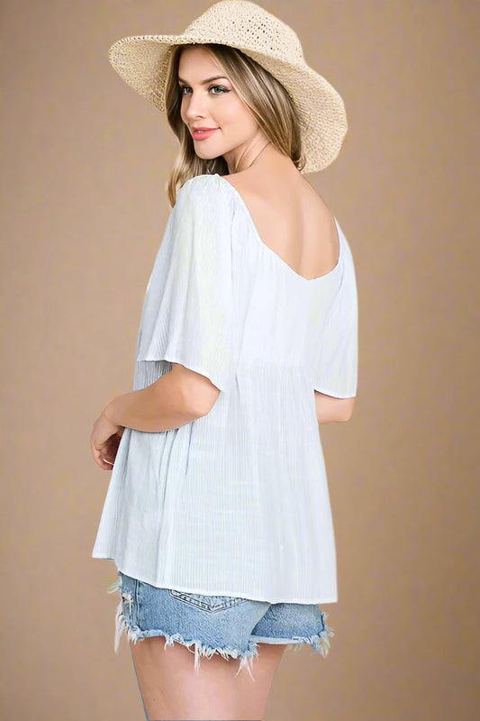 LIME N CHILI - Sweetheart Tie Front Babydoll Top in Sky Blue Stripe