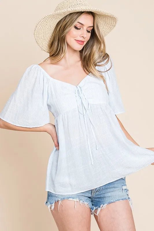 LIME N CHILI - Sweetheart Tie Front Babydoll Top in Sky Blue Stripe