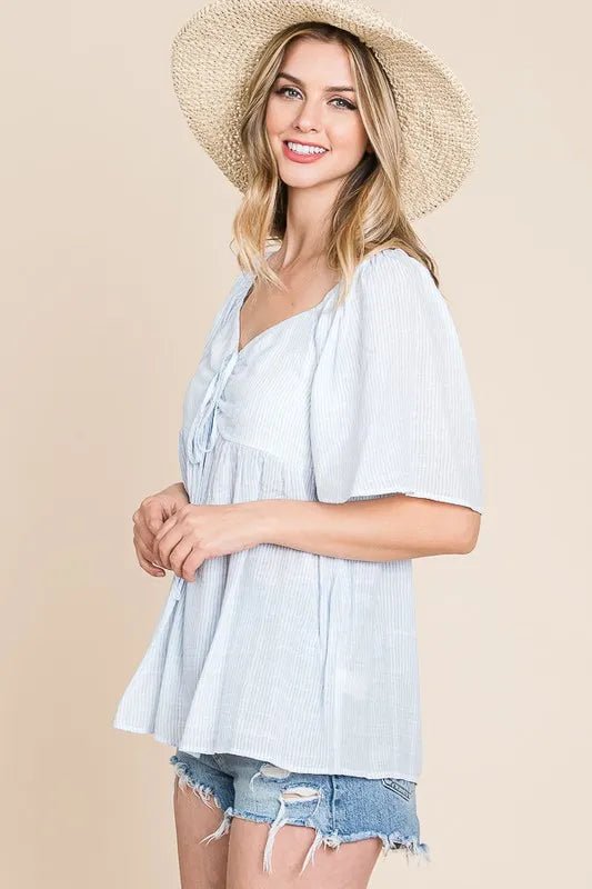 LIME N CHILI - Sweetheart Tie Front Babydoll Top in Sky Blue Stripe