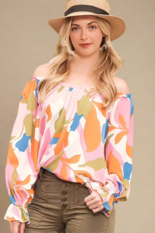 LIME N CHILI - Tropical Abstract Off Shoulder Long Sleeve Top in Multi