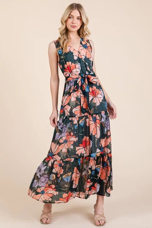LIME N CHILI - V - Neck Belted Maxi Dress in Coral & Lilac Floral