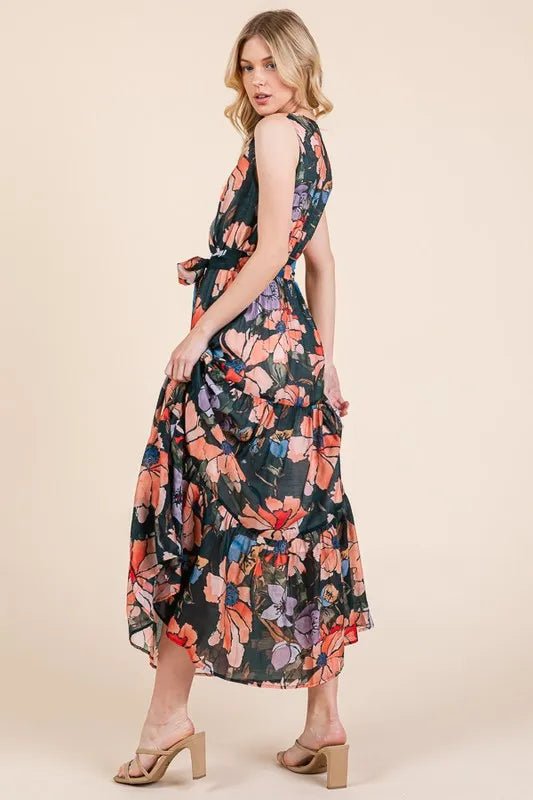 LIME N CHILI - V - Neck Belted Maxi Dress in Coral & Lilac Floral