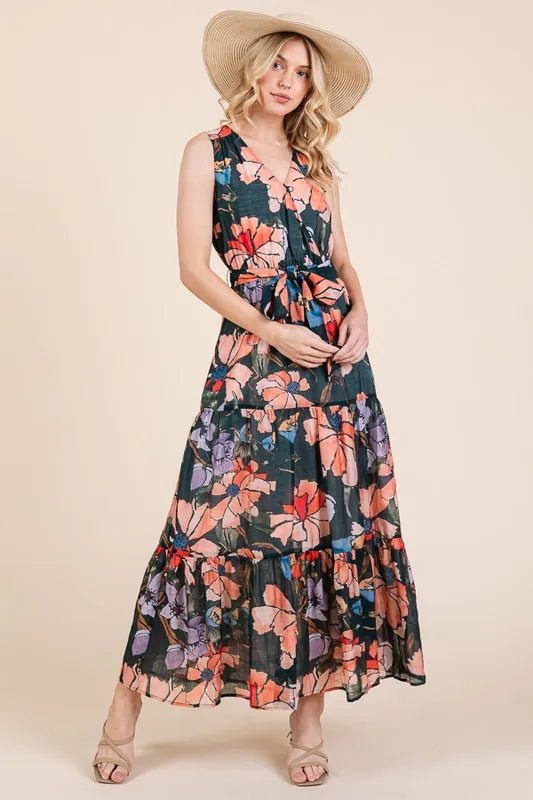 LIME N CHILI - V - Neck Belted Maxi Dress in Coral & Lilac Floral