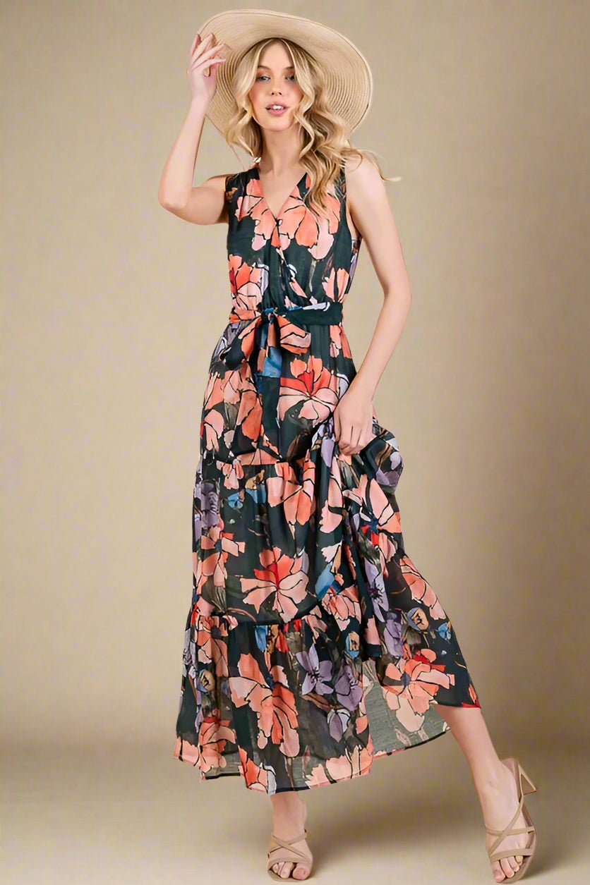 LIME N CHILI - V - Neck Belted Maxi Dress in Coral & Lilac Floral