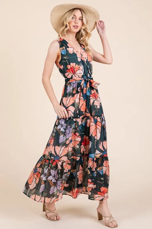 LIME N CHILI - V - Neck Belted Maxi Dress in Coral & Lilac Floral