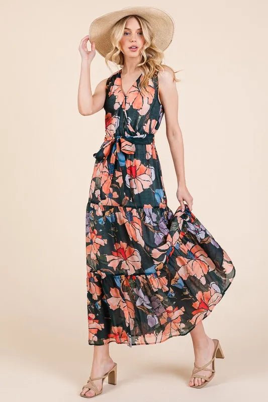 LIME N CHILI - V - Neck Belted Maxi Dress in Coral & Lilac Floral