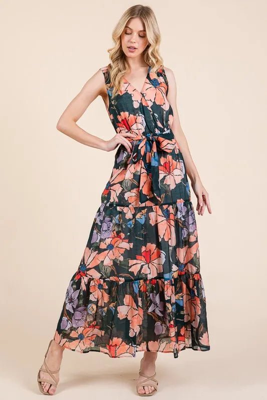 LIME N CHILI - V - Neck Belted Maxi Dress in Coral & Lilac Floral